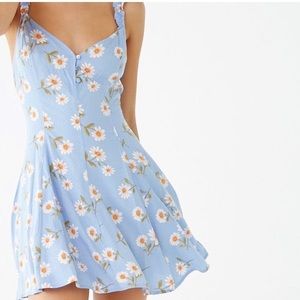 Blue Floral Print Daisy Dress with Self Tie Ruffle Straps and Open Back